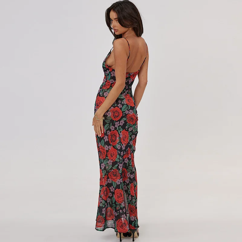 Vestidos con tirantes finos y estampado de flores para mujer, vestido largo ajustado a la cadera con temperamento, Vestidos ajustados sexys con espalda descubierta para mujer