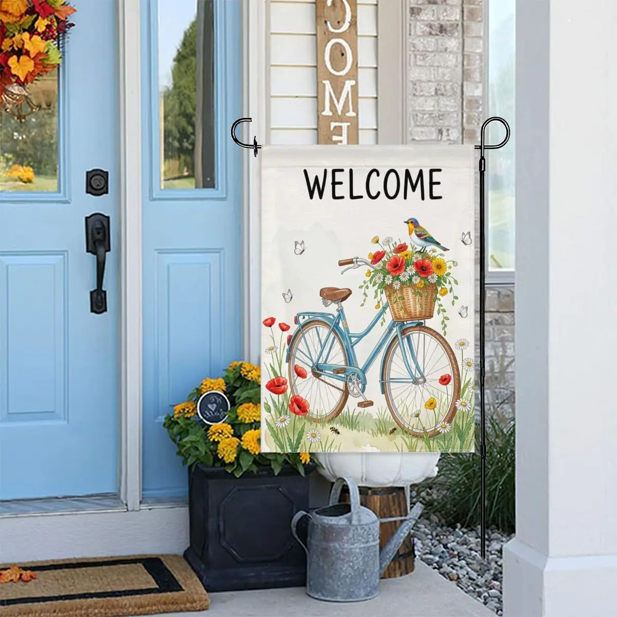 Welcome Bicycle Garden Flag 12x18 Inch Double Sided – Spring Floral Bird & Butterflies Outdoor Yard Decoration for Porch kkz