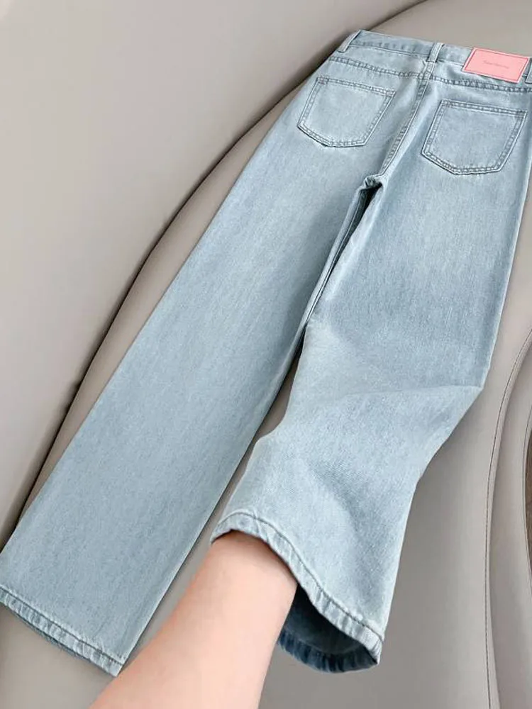 

Simple Vintage Women Straight Denim Pants Spring Summer Thin High Waist Loose Wide Leg Jeans Fashionable Trend Casual Trousers
