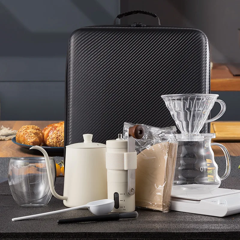 Camping Portable Coffee Gift Box Manual Grinder Cone Filter Paper Precise Scale Home Server Combo Kit