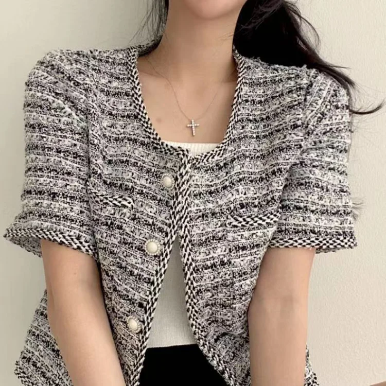 Korean Chic O-neck Double Pockets Coat Women Summer Pearl Button  Breasted Jackets Loose Short Sleeve Tweed Jacket