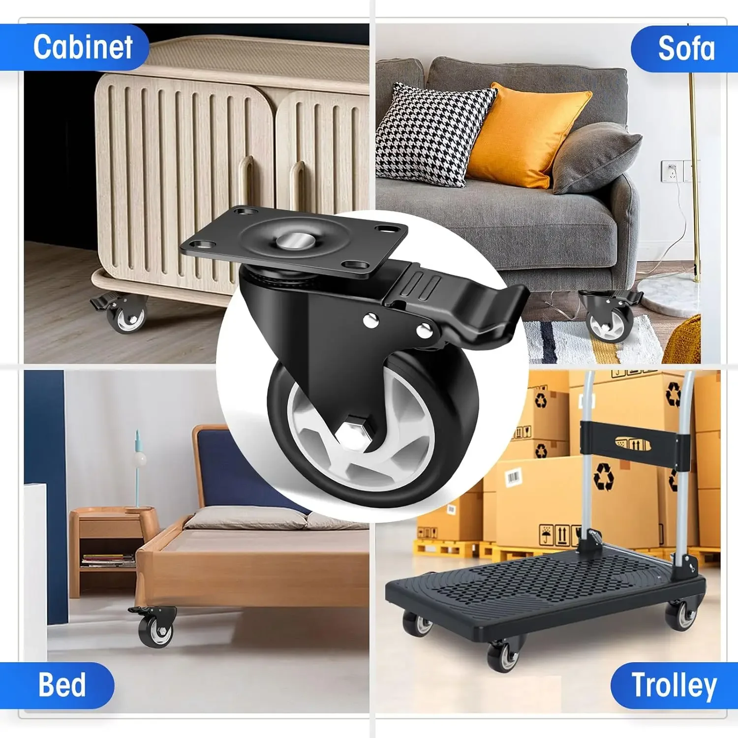 Roulettes RapDuty avec Frein, Roulettes à Verrouillage Antibruit, Roues PolyVr( PU), Plaque de Percussion C, Lot de 8