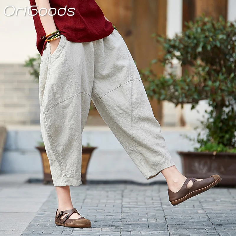 

OriGoods Women Loose Ramie Cropped Pants Thick Natural Fabric Spring Summer Cropped Trousers for Women Novelty Style 2024 B081