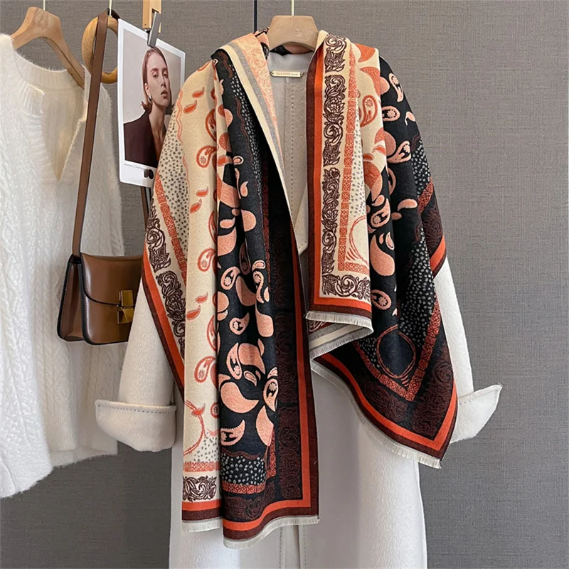 

Дизайнерские зимние теплые кашемировые шарфы, женские утепленные шаль из пашмины с принтом пейсли, элегантное женское шерстяное пончо, ветрозащитное парео