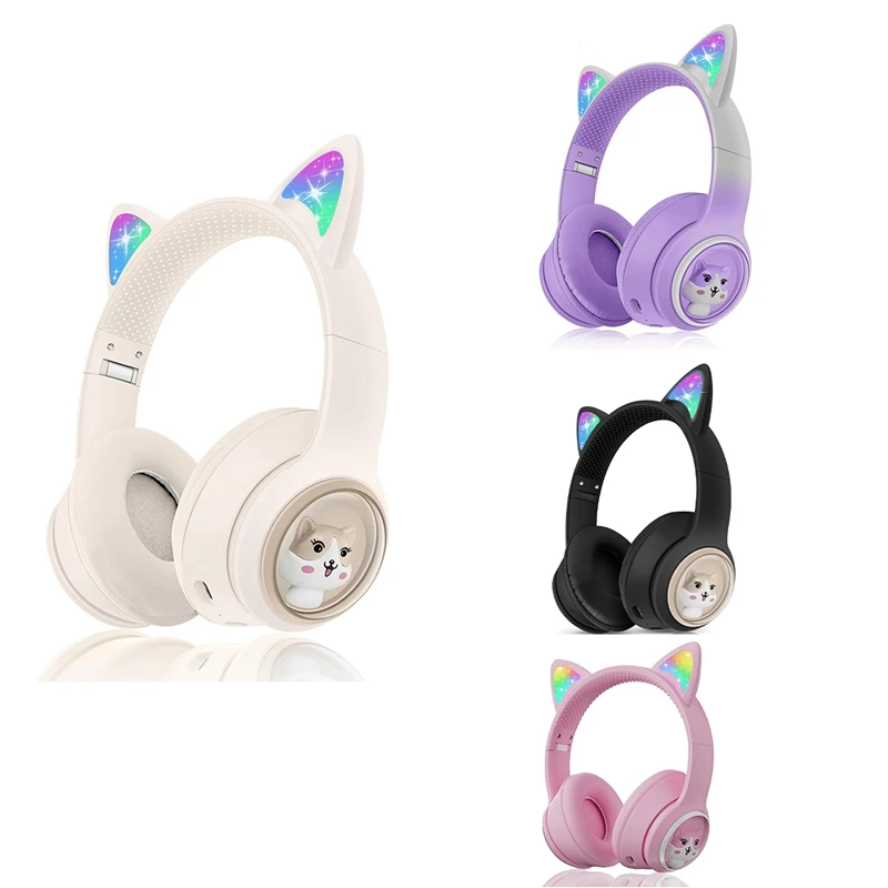 Auscultadores Bluetooth para crianças, auscultadores sobre a orelha, orelhas de gato, auscultadores para telefone com luz LED