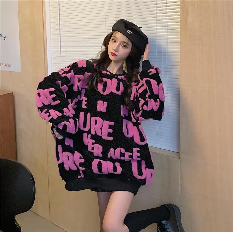 Oversize Pullovers Women Thick Printed Letter Sweater Tops Loose Sluggish Chic Fall Winter All-Match Fashion Long Sleeve O-Neck