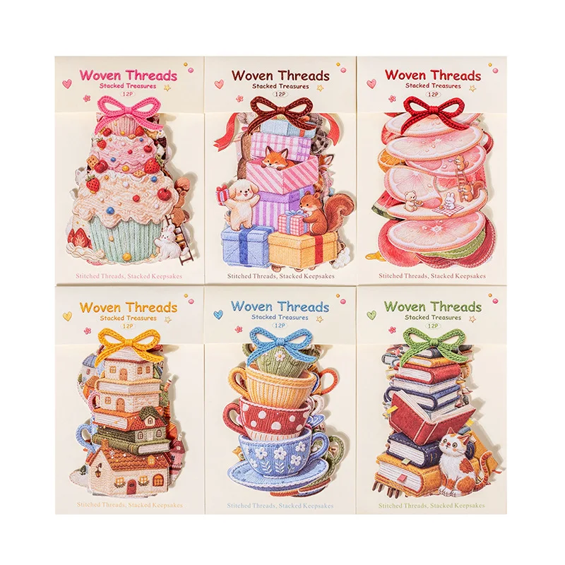 12pcs Jenga Imitation Embroidery Stickers Color Cute Phone Case and Journal Diy Handbook Material School Office Supplie