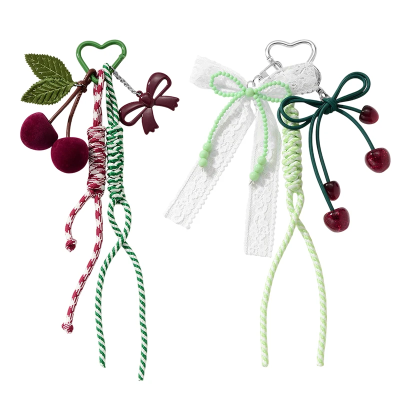 

Red Cherry Pearl Bowknot Keychain Braided Rope Pendant Keyring Fashion Simple All-matching Bag Decoration Jewelry Accessories
