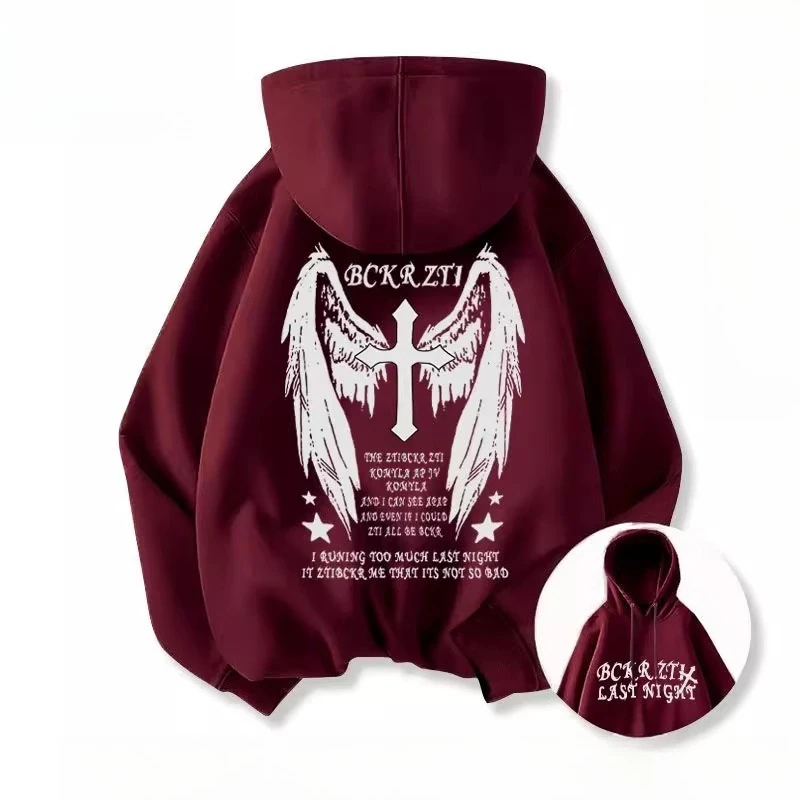 الجناح الصليب الظلام نمط الرجعية الرجال النساء طويلة الأكمام قمصان سويت شيرت بقلنسوة الخريف الشتاء اليومية في الهواء الطلق ملابس رياضية فضفاضة دافئة غير رسمية