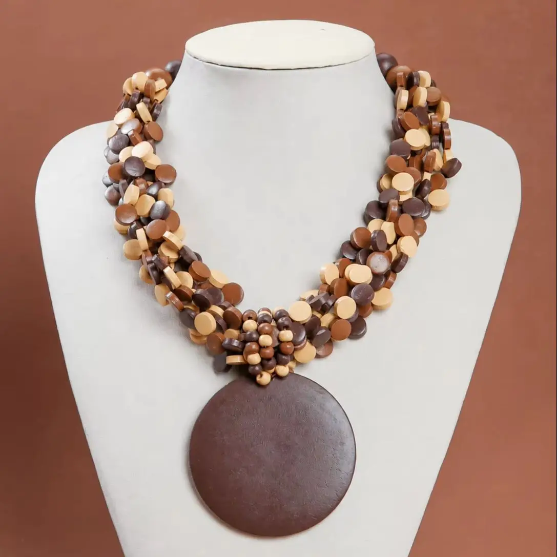 Boho Chunky Wooden Beaded Necklace for Women Brown Beige Layered Disc Beads Large Round Pendant Tribal Resort Jewelry Gift