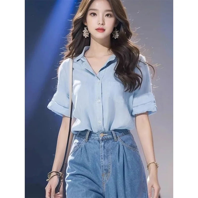 Shirts met korte mouwen Dames zacht comfortabel linnen overhemd Oversized losse pasvorm Button Up Casual Turn Down kraag Elegante zomer