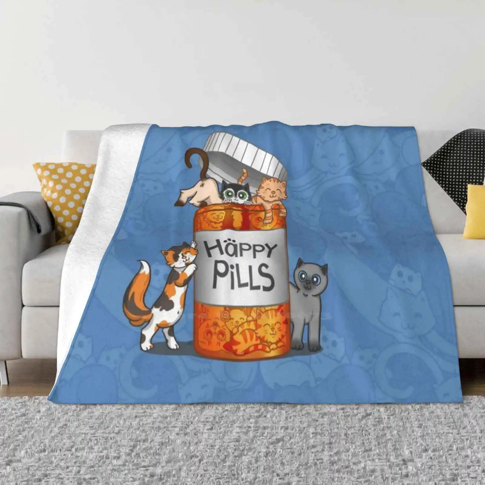 Happy Pills Fashion Soft Warm Flannel Blanket Cats Kittens Purr Pills Happy Silly Cute Cartoon Comic Funny Mental Health