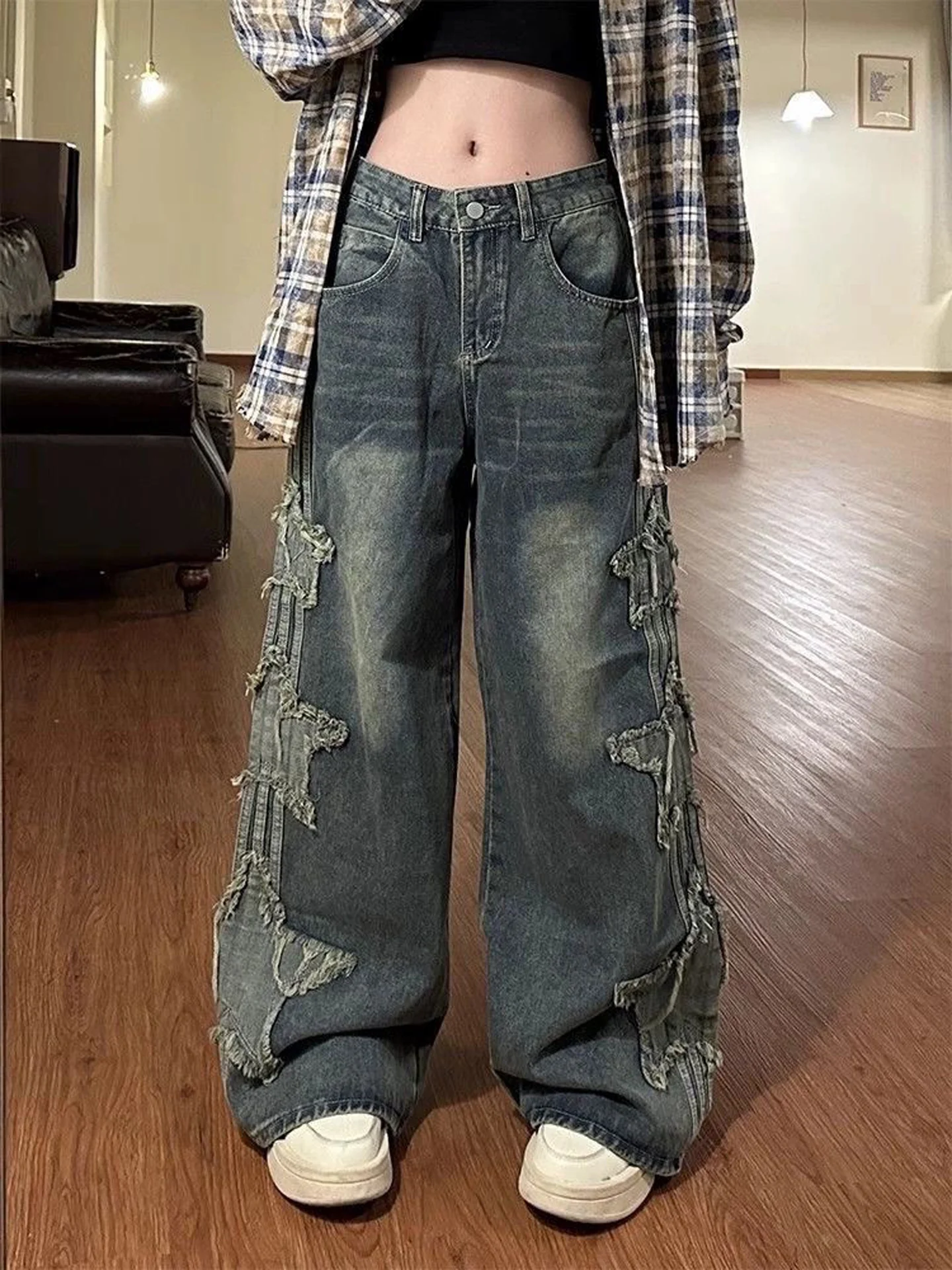 Washed Vintage Star Patch Design Women's Jeans Korean Fashion Trendy Meat Concealing Wide Leg Floor-Length Pants