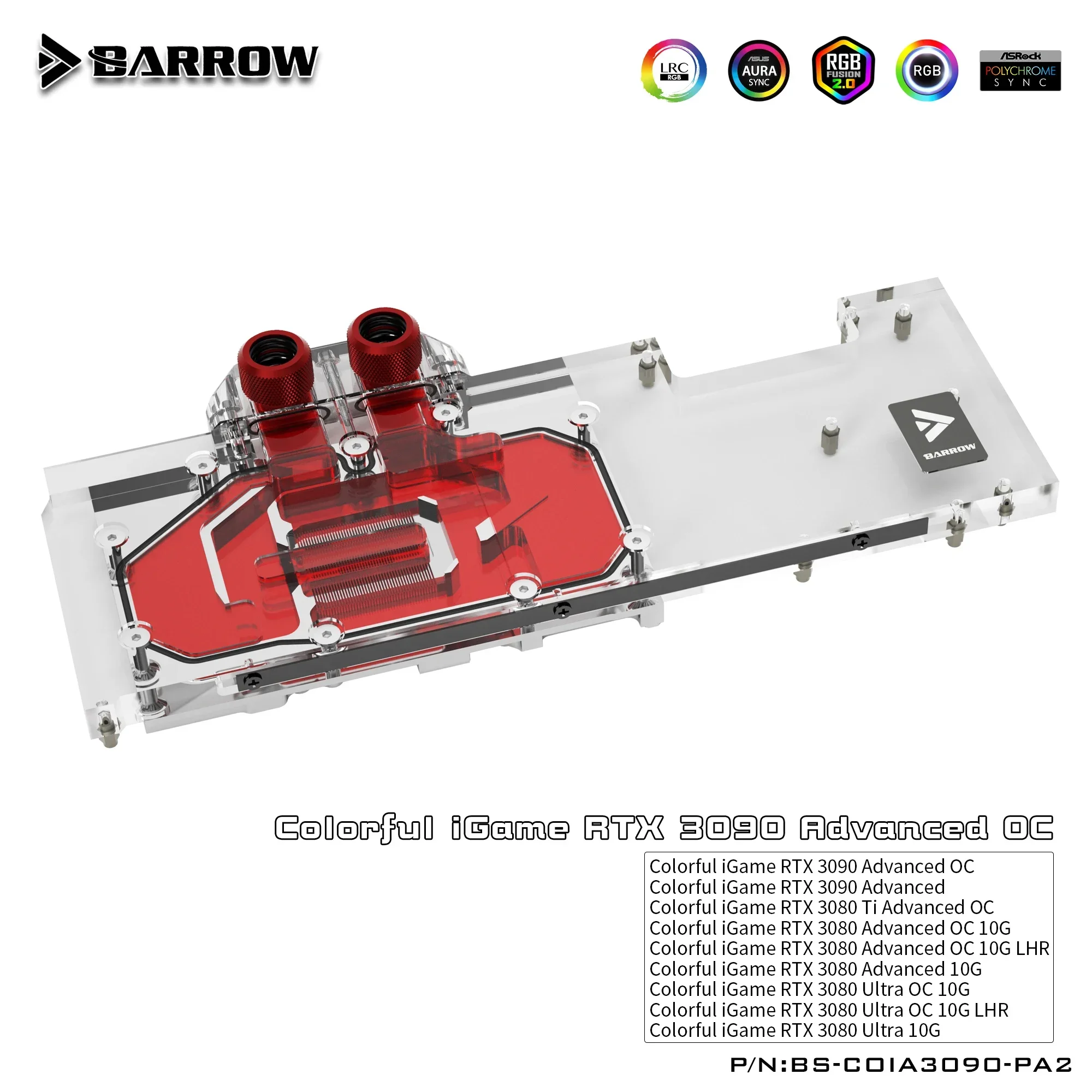 Barrow 3090 3080 GPU Water Cooling Block for Colorful RTX 3090/3080 Advanced OC,Full Cover ARGB GPU Cooler,BS-COIA3090-PA2