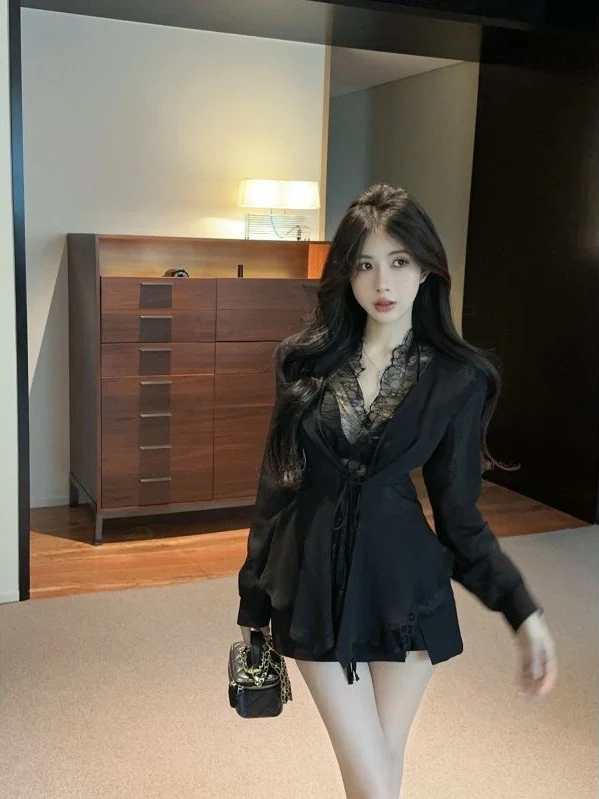 

Bla Lace Splice Long Sve irt Women's Slim Fit V-Ne Tie Waist Design Pure Desire Top Spring Summer Office Sle