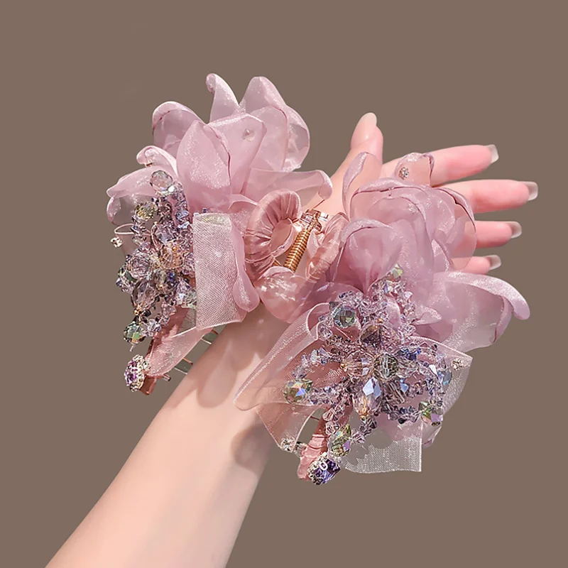 new-korean-pink-mesh-crystal-flower-hair-clips-hairband-full-back-of-head-shark-clip-hairpin-sweet-cute-hairgrips