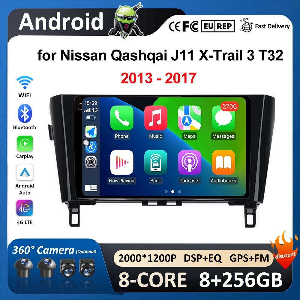 Dla Nissan Qashqai J11 X-Trail 3 T32 2013-2017 DSP Wireless Carplay Android Auto Samochodowy odtwarzacz wideo GPS Navi Bluetooth Jednostka główna