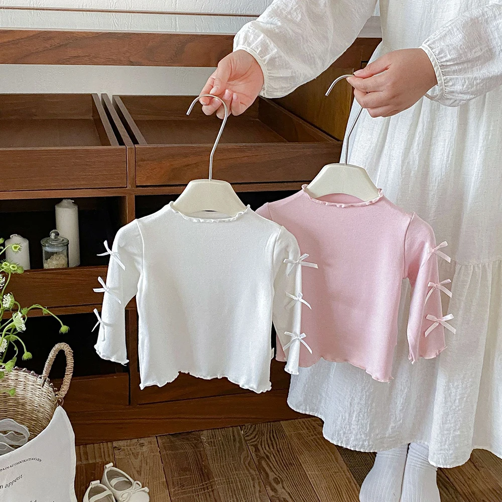 Kids' Tops and T-shirts 6M-5T Autumn Children Clothes Solid Color Girls Bottoming Shirt Cute Bow Comfortable Baby Undershirt
