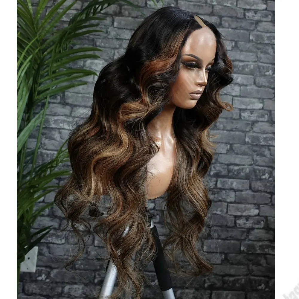 

U Part Wig 100%Human Hair Body Wave Light Honey Brown Hightlight1*4Opening V Part Wig For Black Women Glueless Full Machine Made