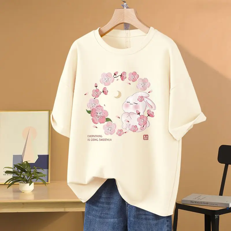 

Summer Pure Cotton Short Sleeve O-neck Casual Top Tees Cartoon Rabbit Printed T-shirt Basics Pullover S-5XL