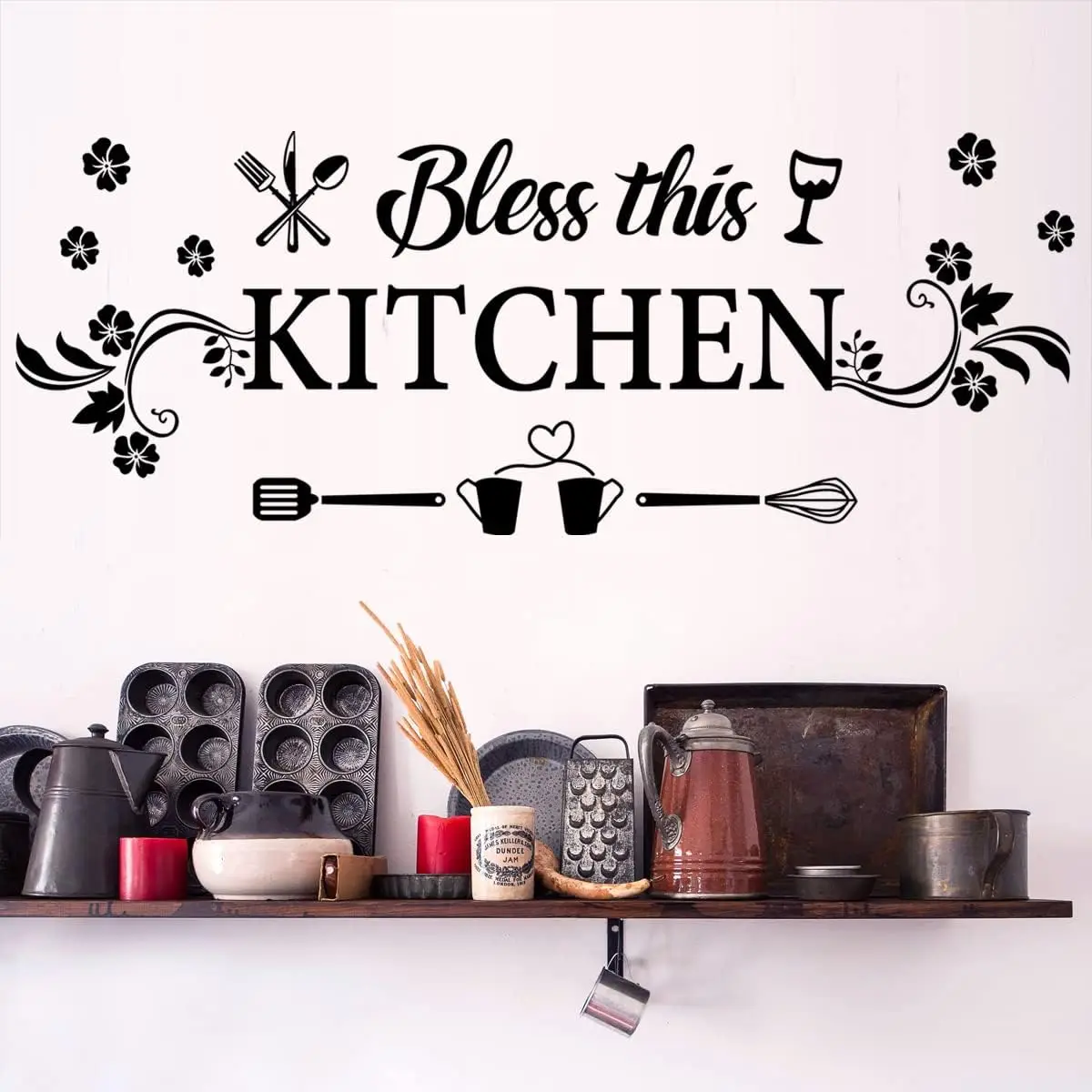 Bless This Kitchen Wall Decal with Flower Art - Removable Vinyl Sticker for Dining Room, Baking Room, Bar, Restaurant Home Decor view 5