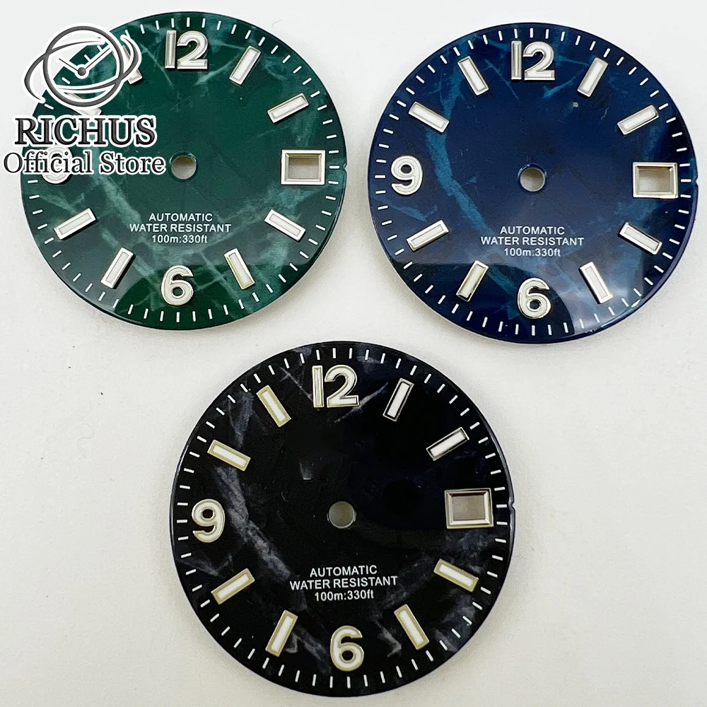 RICHUS 29mm NH35 esfera del reloj verde luminoso negro azul verde cara ajuste NH35 movimiento ajuste 3 en punto corona 3,8 en punto corona