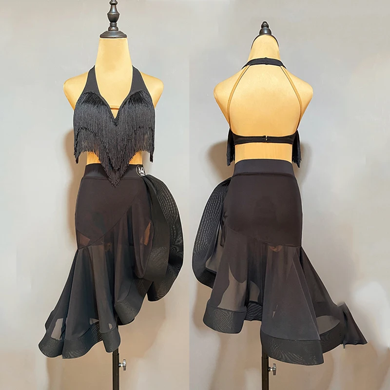 Costume de Compétition de brevLatine pour Femme, Jupe en Y à Franges Noires, Vêtements de brevModernes, Tenue de Spectacle ChaCha Régions ba Tango, Nouveau, DL10882