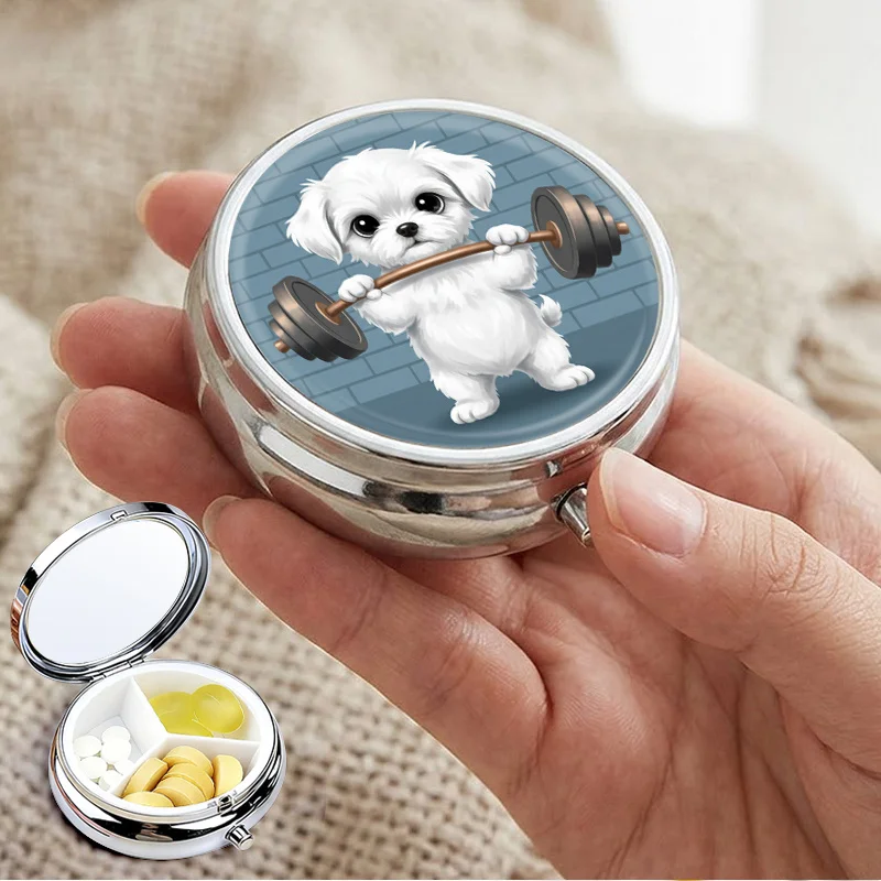 Portable Metal Pill Box, Three-Compartment Design, Compact and Portable, White Puppy Fitness Pattern, Easy to Carry, Daily Supplement Pill Box, Can Be Placed in Pocket or Wallet. Fun Dog-Shaped Design, Durable and Unique, Ideal Gift for Fitness Enthusiast