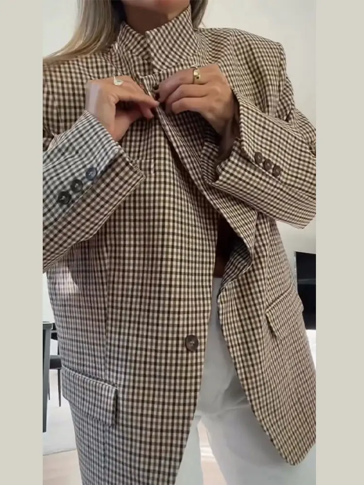 Karierte Damenjacke mit Taschen und Stehkragen, Langarm, Einreihig, High-Street-Stil, Frühjahr/Herbst 2026, Lässiger Mittellanger Anzug