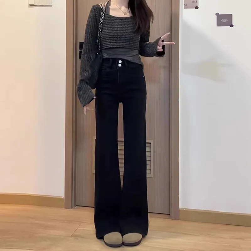 Celana Denim Wanita High Waist Berlapis Tebal Model Slim Fit Musim Gugur Musim Dingin, Panjang Menyentuh Lantai, Model Bell Pants