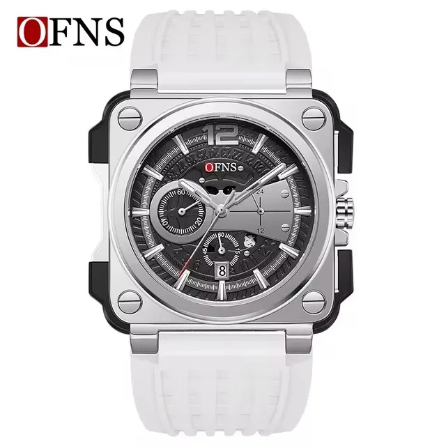 OFNS 1305 Men's Quartz Watch Square Dial Fashion Unique Calendar  Silicone Strap Wristwatch for Male