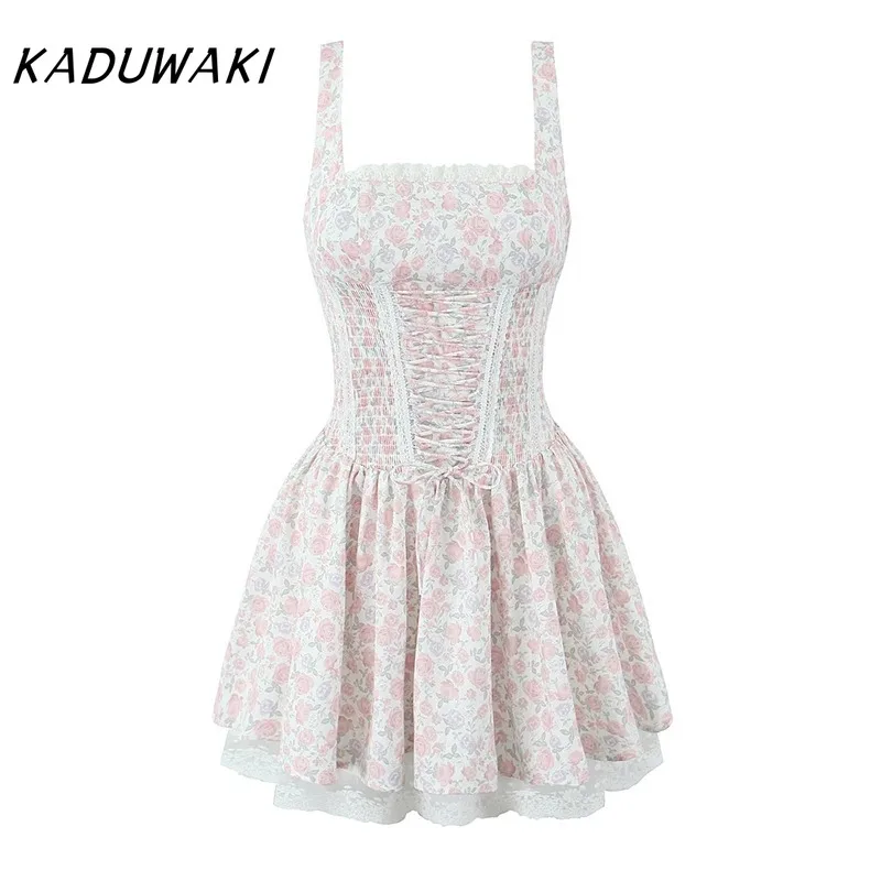 

KADUWAKI Elegant Women Floral Print Princess Sling Mini Dress Front Bandage Lace Patchwork A-line Summer Gown Holiday Party Robe