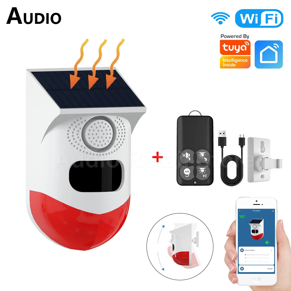 Tuya WiFi Outdoor Solar PIR Infrared Alarm Wireless Siren Home Security Alarm System Waterproof Strobe Siren App Remote Control