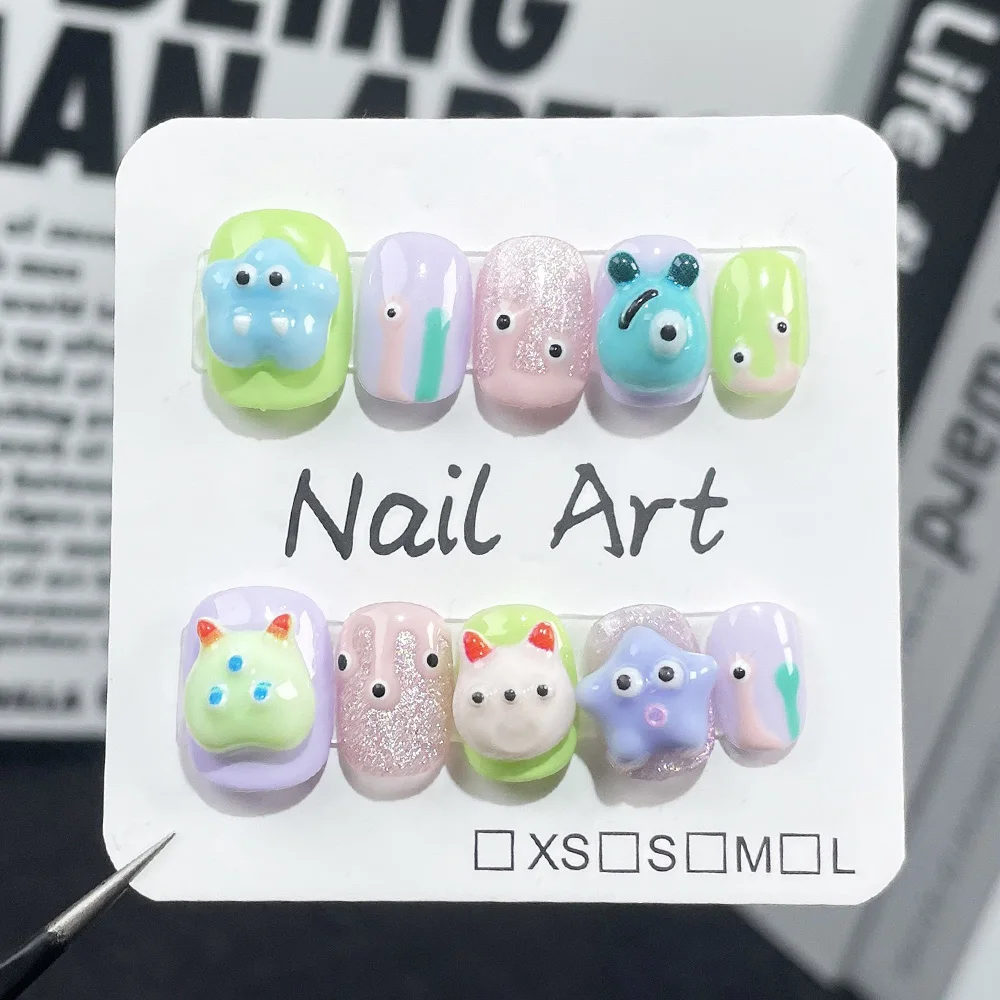 MAGO Handmade Press on Full Cover Professional Nails Cute Cartoon Hand-painted Short Reusable Finished Fake Nails