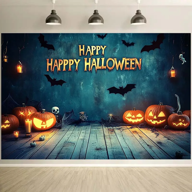 1 لافتة خلفية للهالوين - اليقطين والخفافيش والجمجمة ونص "هالوين السعيد" سهل التركيب #2