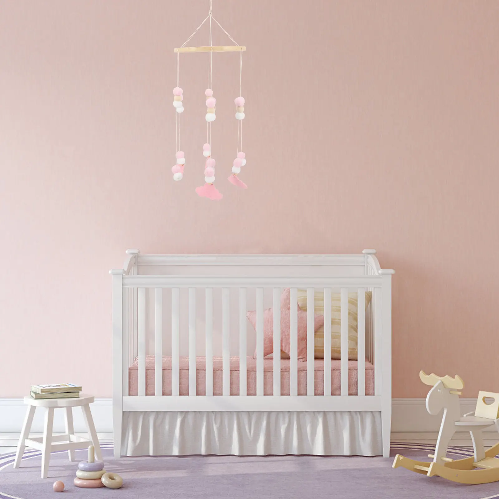 Mobile per Culla con Carillon, Pendenti in Legno e Feltro a Forma di Stella ed Elefante, Decorazione Sospesa per Cameretta, Campanella per Lettino, Blu e Argento