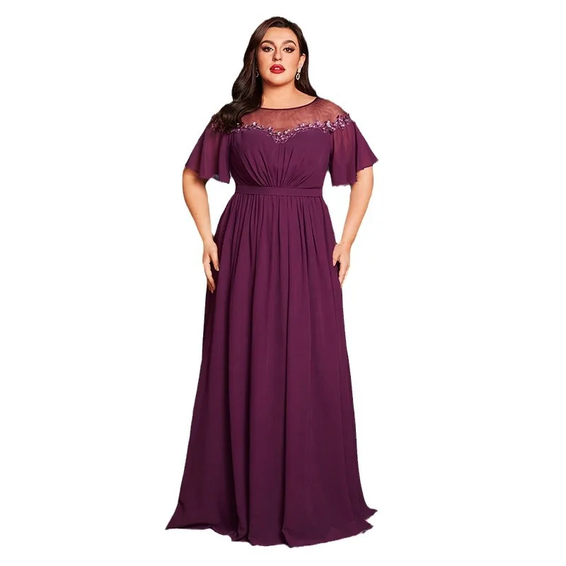 

Elegant Chiffon Long Formal Evening Mother of Bride Dress With Short Sleeves