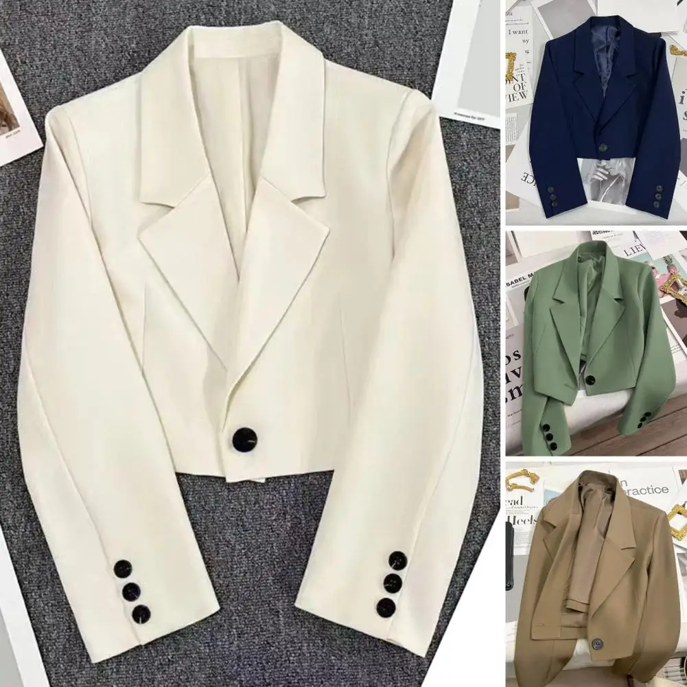 1Pc Women Suit Coat Lapel Long Sleeve Short Suit Jacket Solid Color Casual Commute Style Suit Coat for Work Office Daily Wear