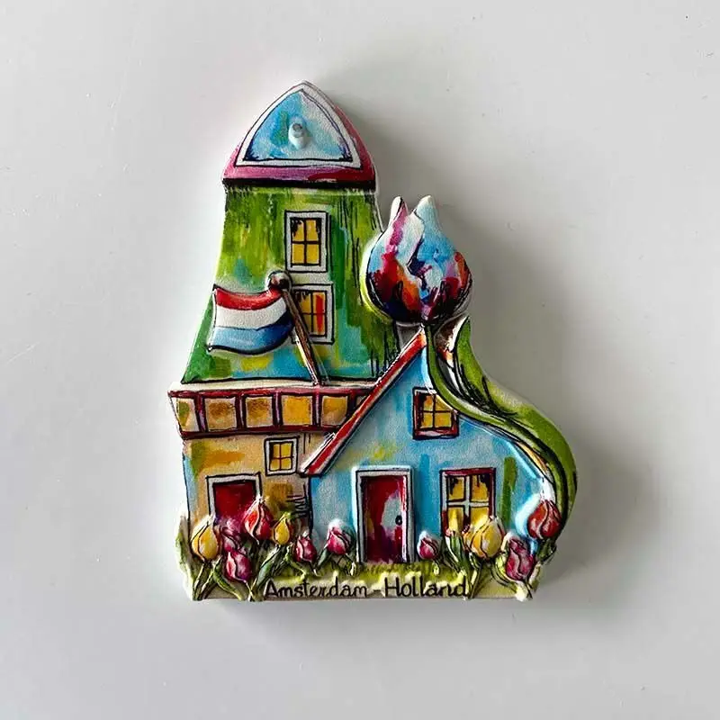 

3D Resin Cute Dutch Amsterdam House Fridge Magnet with Tulips & Flag - Decorative Refrigerator Magnet for Home Decor