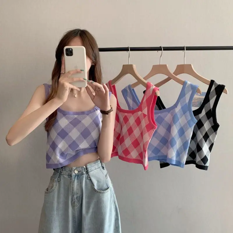 Retro Fashion Plaid Knitting Tank Top Summer New Women Clothing Sweet All-match Elasticity Top Tee Female Casual Pullover Tshirt