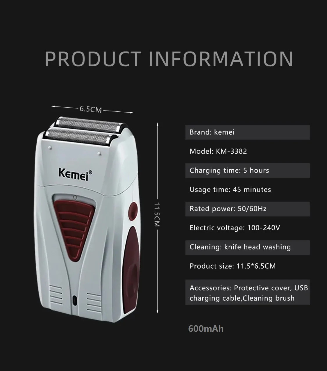Kemei 3382 ماكينة حلاقة كهربائية للرجال احباط الترددية الحلاقة USB قابلة للشحن شفرة مزدوجة رئيس ماكينة حلاقة أداة تهذيب اللحية