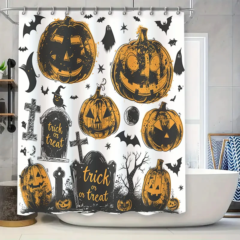 Halloween-themed shower curtain featuring pumpkins and spooky designs for a haunted house party decor! Perfect addition for your