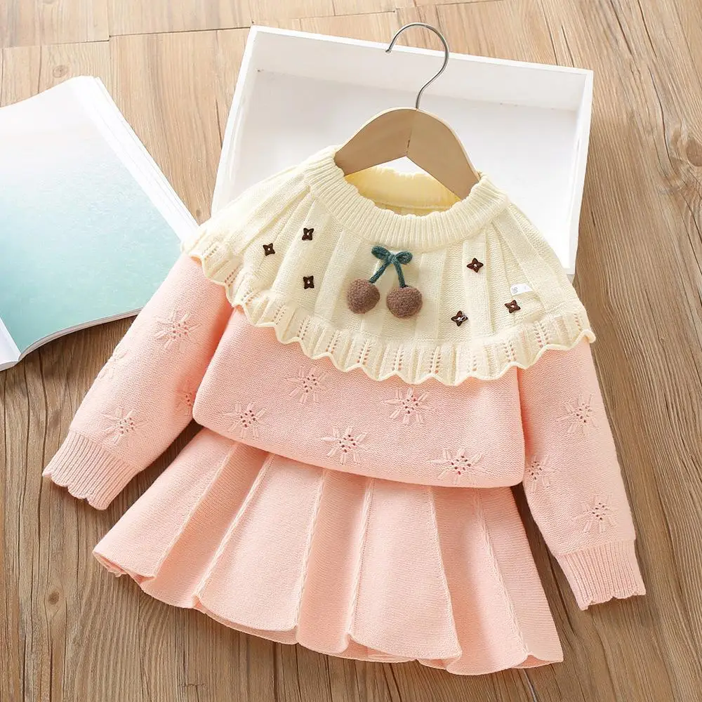 Girls Knitted Clothes Sets Spring Autumn Children Woolen Jersey Sweaters Tops Skirts 2pcs Dress Suit For Baby Party Outfits Kids