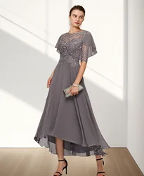 A-Line Mother of the Bride Dress Formal Wedding Guest Elegant Scoop Neck Asymmetrical Chiffon Half Sleeve with Appliques 2024