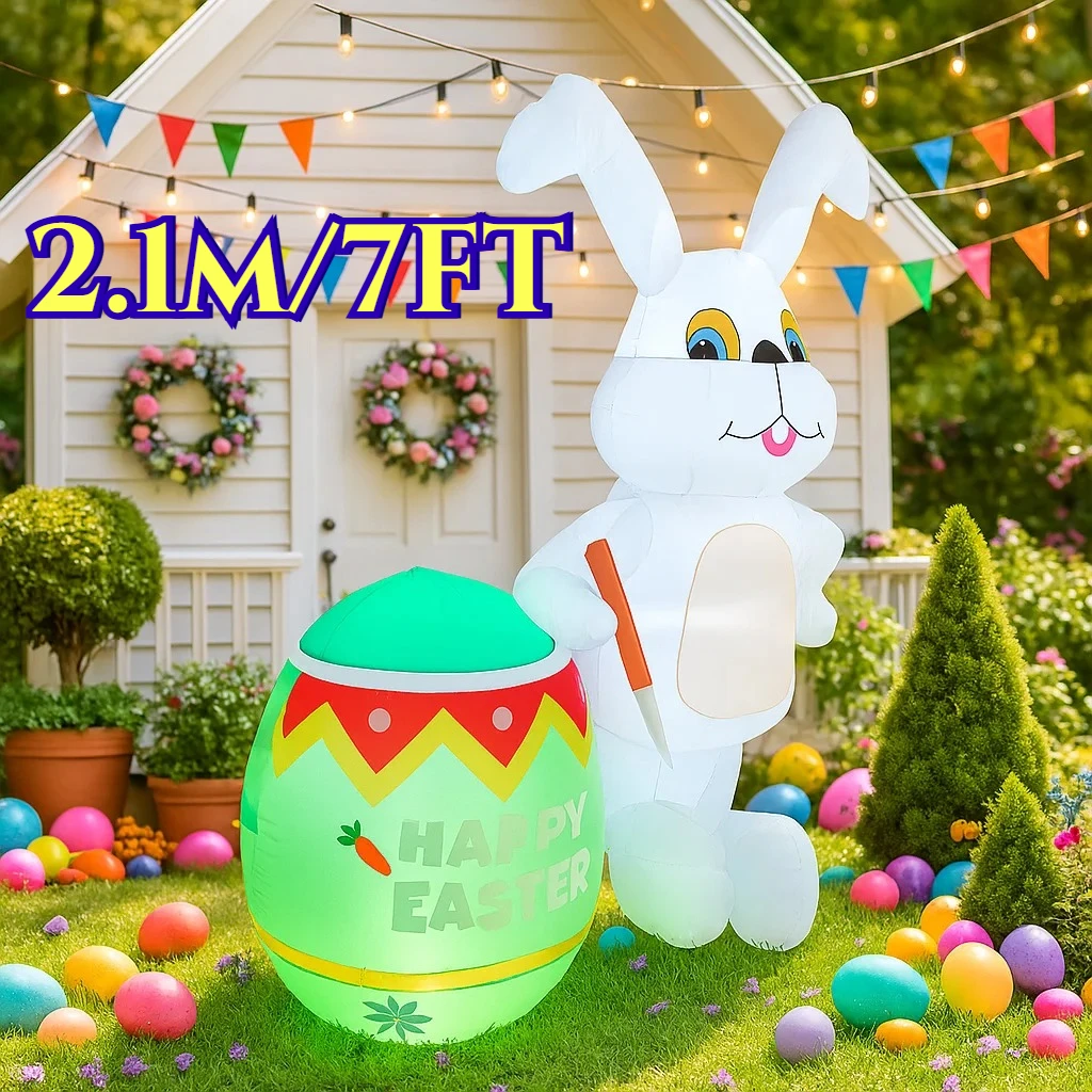 

Украшения для пасхальной вечеринки, 2,1 м/7 футов, кролик сидит на грибах, надувные встроенные светодиодные фонари, реквизит для внутреннего и наружного двора, орнамент