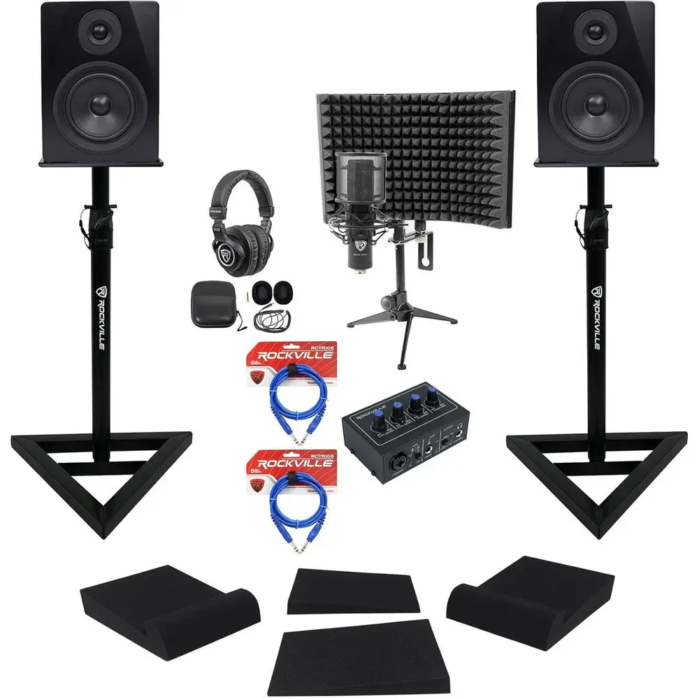 

ROCK-U MINI Recording Kit with RCM PRO Mic, PRO-M50 Headphones, APM5B Speakers, RVSM1 Stands, RockShield 1, RRS190S Pads, RCTR10