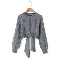 YENKYE Sexy Backless Bow Tie Crop Sweater For Women Long Sleeve Round Neck Autumn Pullover Tops Fashion Jumper Grey Beige