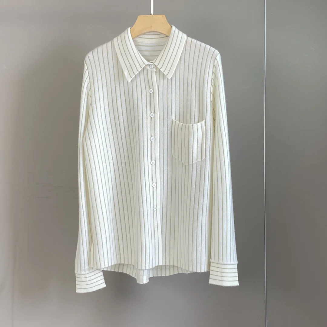 

25 Autumn And Winter New Cashmere Striped Polo Collar Fashionable Versatile Pocket Knitted Tops For Women