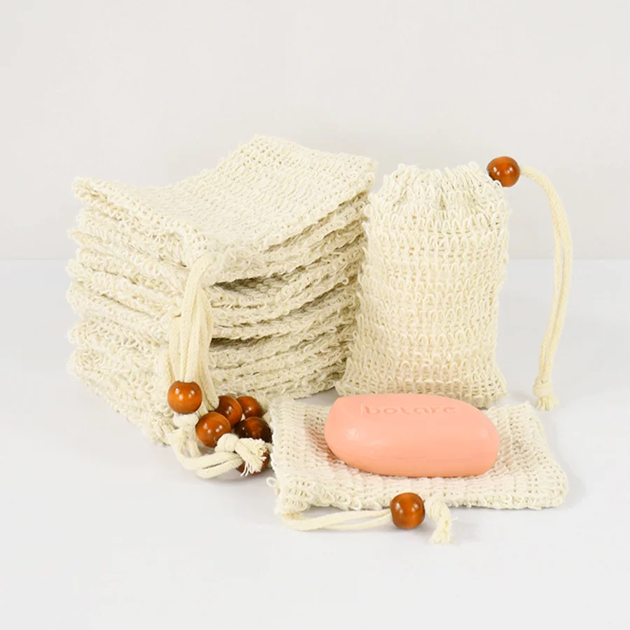 5/10pcs Hemp Soap Bag with Drawstring Wooden Beads,Exfoliating Net for Foam&Dry,Bathroom Shower Accessories,Natural Handcrafted