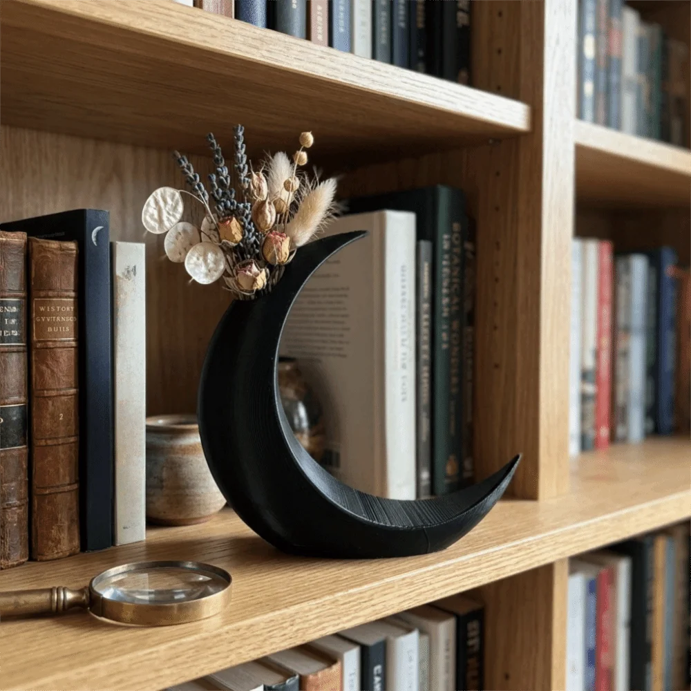 Modern 3D Printed Crescent Moon Shape Vase Gothic Style Plastic Dried Flower Vase Solid Color Decorative Vase Study